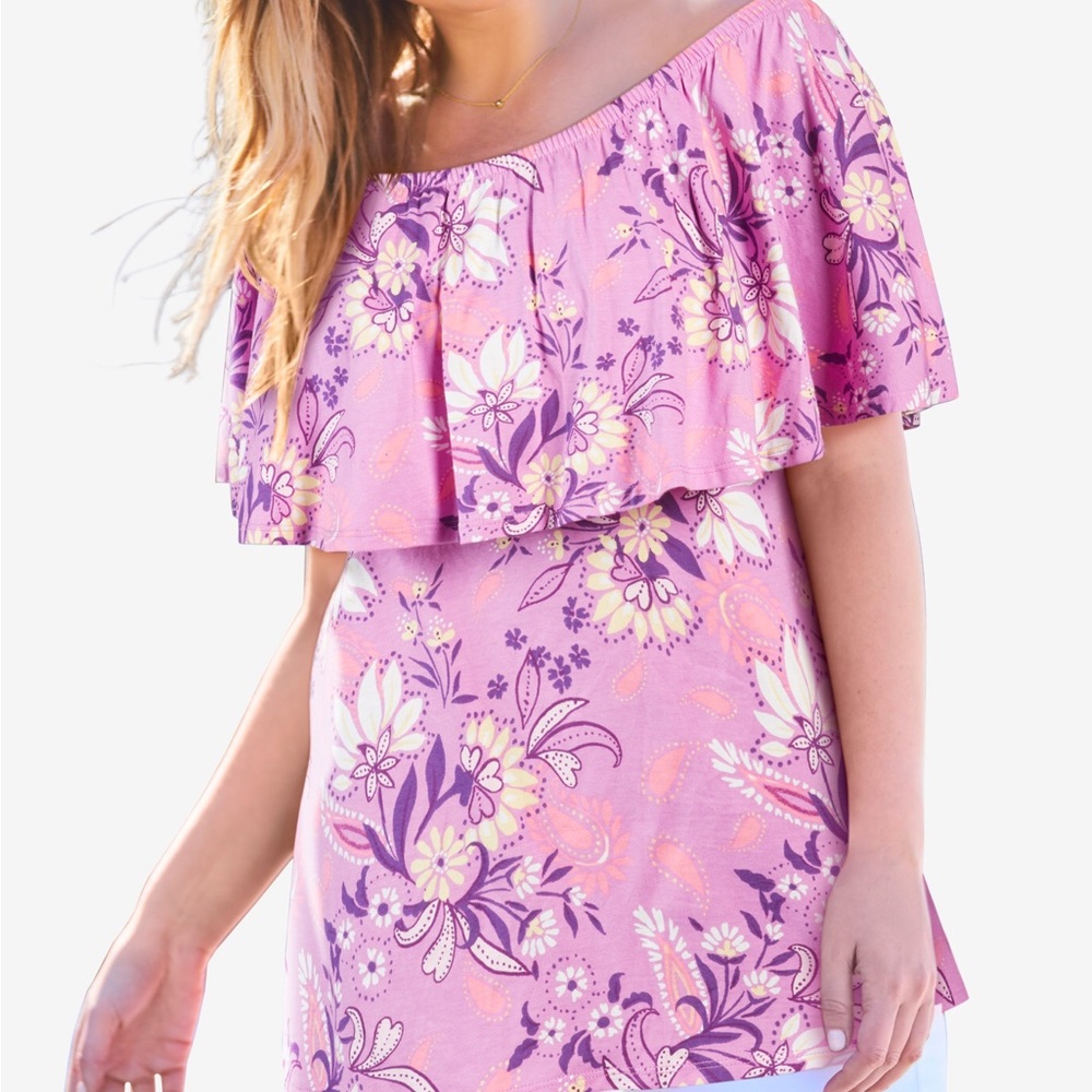 Woman within off shoulder ruffle floral orchid tee 3x. A-45